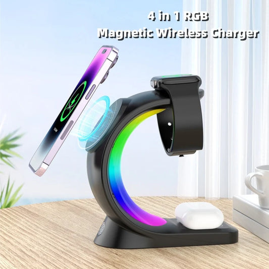 Revolutionize Your Charging Experience with the 4-in-1 Magnetic Wireless Charger - Fast Charging Station for iPhone, AirPods Pro, and Smartwatch with Stunning RGB Atmosphere Light